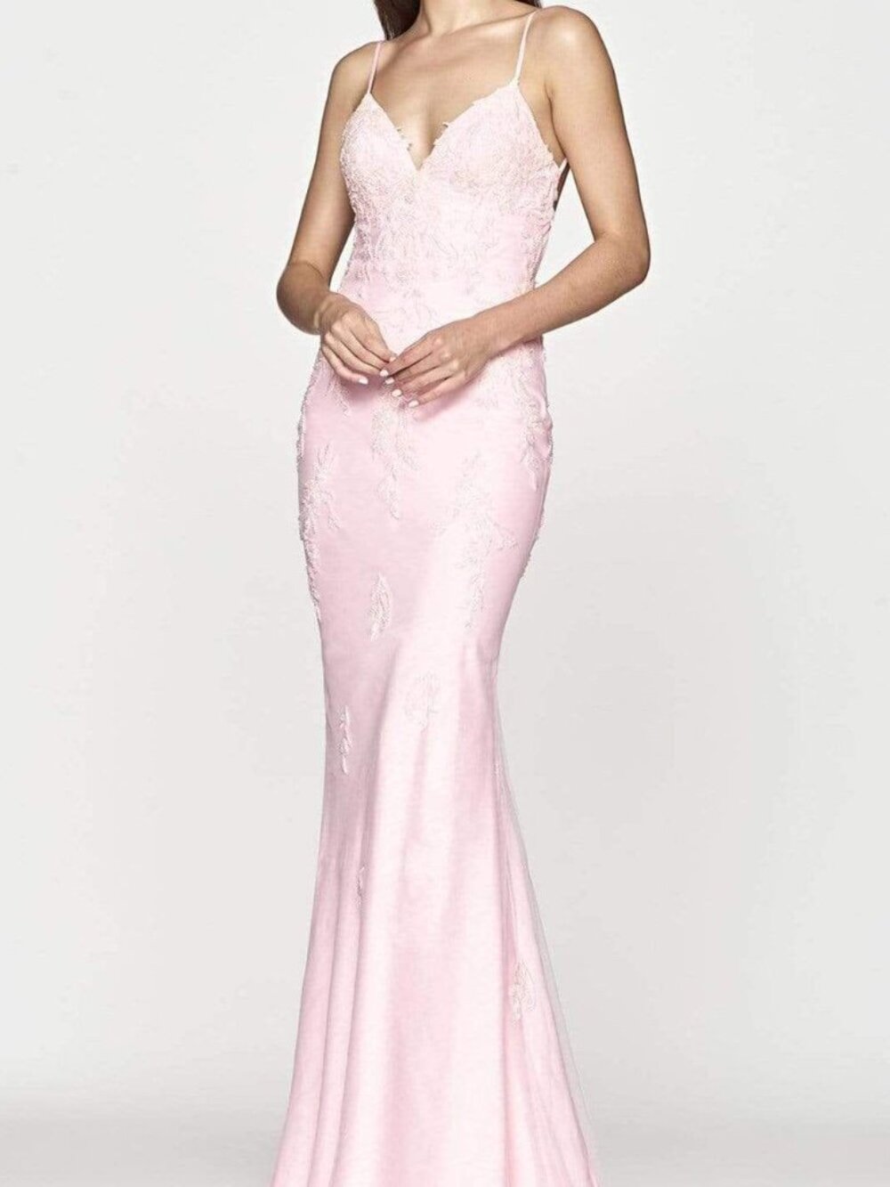Faviana Light Pink Lace Backless Spaghetti-Strap Gown